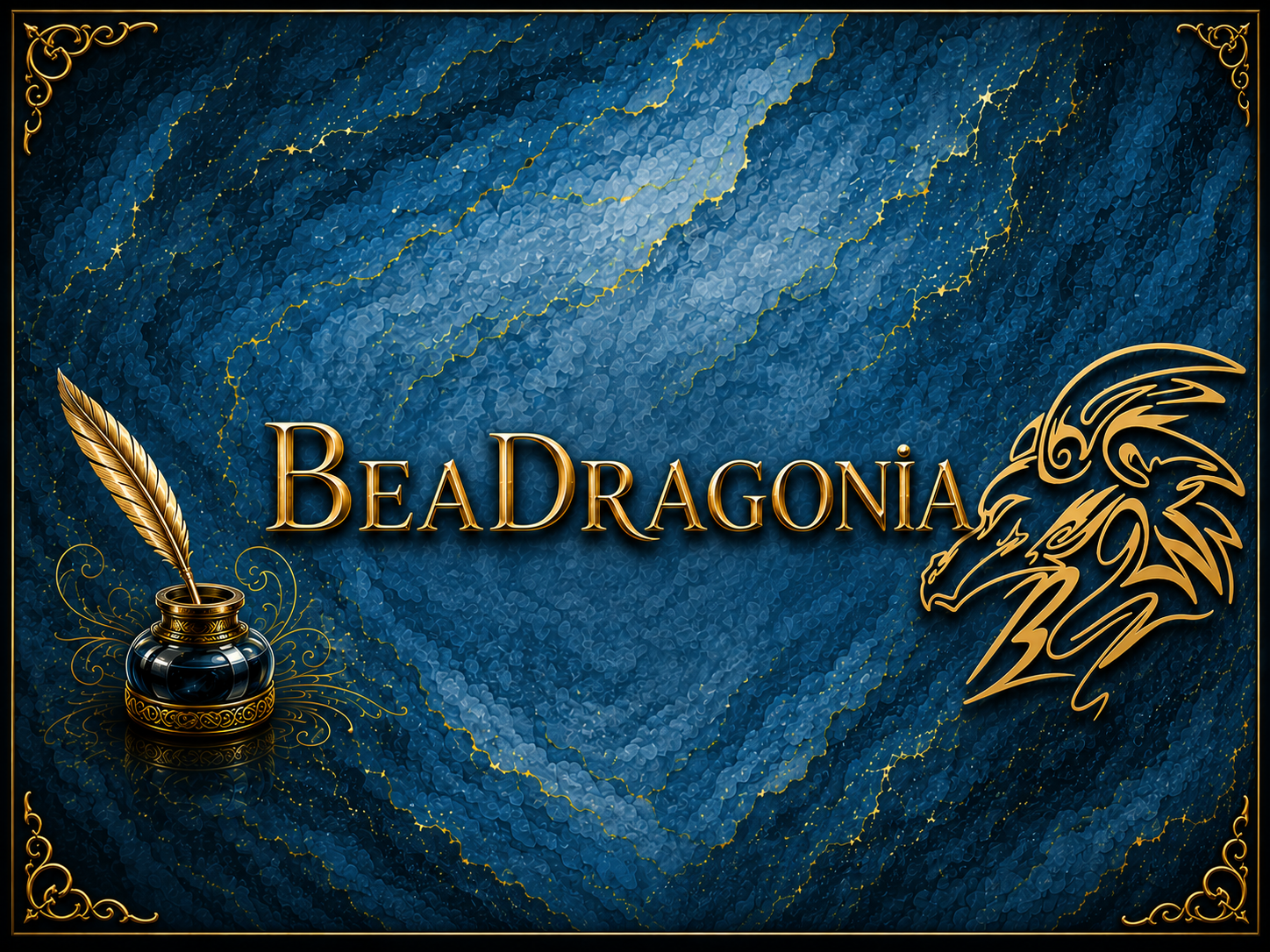 BeaDragonia Anthology Writing Group turquoise and gold mobile banner with an inkwell, quill, and dragon logo
